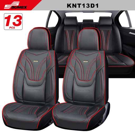 [KNT13D1] FORRO DE ASIENTO SWISS DRIVE "KENT" 13PCS LUXE NEGRO - ROJO /COSTURA ROJA (CJ/1SET)