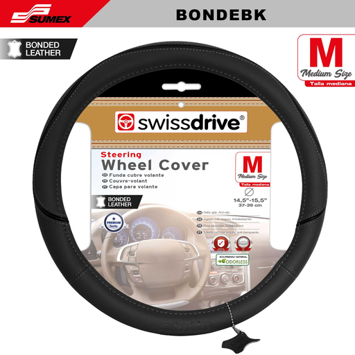 [BONDEBK] STEERING WHEEL COVER SWISS DRIVE "M" BONDED LEATHER BLACK (37 X 39 CM) (25 UNITS)