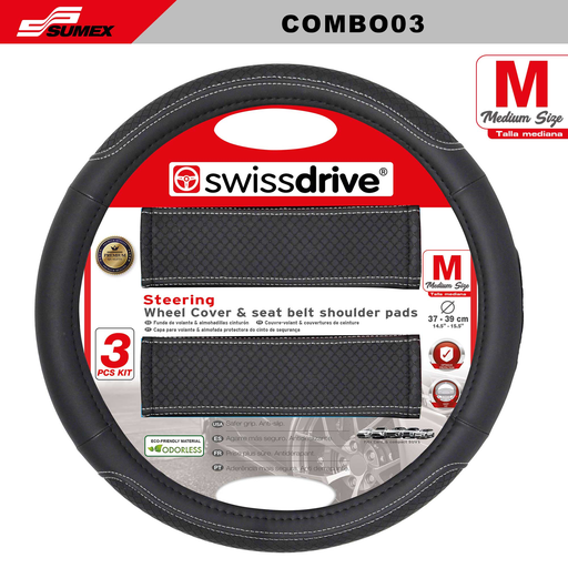[COMBO03] STEERING WHEEL COVER SWISS DRIVE "M" & SEAT PADS BLACK (37 X 39 CM) (25 UNITS)