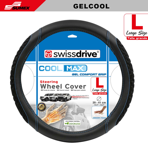 [GELCOOL] STEERING WHEEL COVER SWISS DRIVE "L" GEL COVERED BLACK/SKY BLUE STITCHES (39 X 41 CM) (25 UNITS)